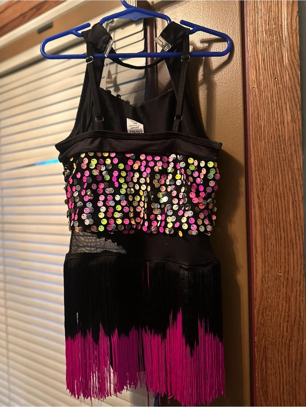 A Wish Come True Black Dance Costume with Neon Sequin Accents and Pink Fringe